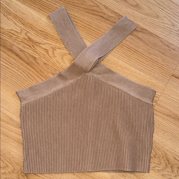 Love Tree Tops - Love Tree Tan Ribbed Cross-Back Crop Bandage Top Medium Viscose